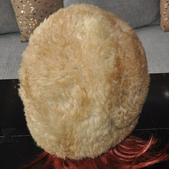 Vintage Wool Bonnet Hood Winter Hat Chin Strap Sheepskin Shearling Cap Unisex S - Picture 3 of 8